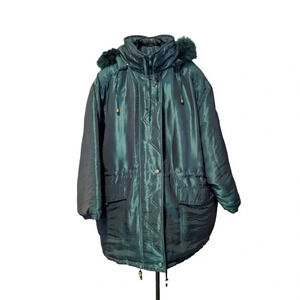 Oversized metallic shimmer green puffer coat with matching green fur hood